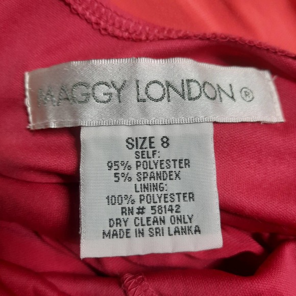 Maggie London Pink Coral Color Block Pleated V-Neck front back Ruched Dress 8 - Picture 4 of 7